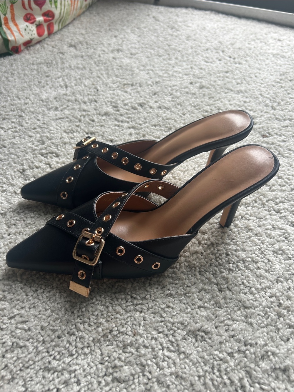 Black Pointed Toe Mule Heels with Gold Buckle Detail